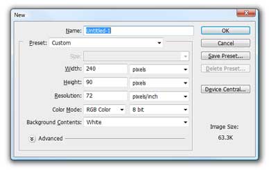 Create new 240 by 90 pixel sized photoshop document